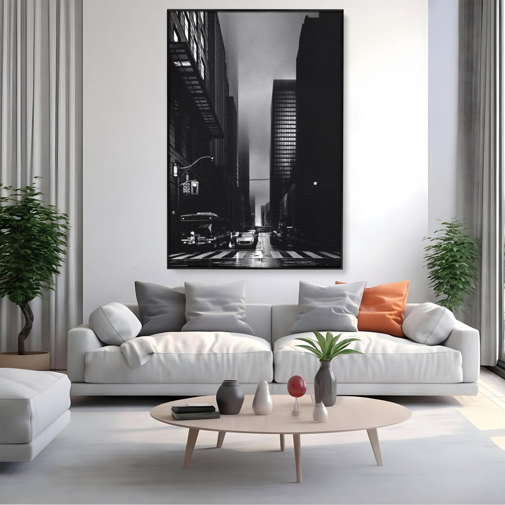 Tablou canvas cu tablou canvas cu oras in ceata, in rama de aluminiu negru, pe perete intr-un living